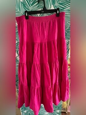 Vintage California Drawstrings Tiered A-Line Maxi Skirt Vibrant Hot Pink Sz XL